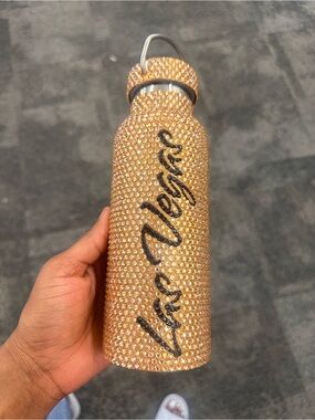 Crystal-Encrusted Gold LAS VEGAS Water Bottle